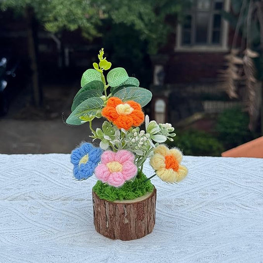 Handmade Crochet Knitted Puff Flowers Bouquet Creative Knitted Potted Plant Mini Cute Home Desktop Decorations and Gifts for Friends, Lovers, Classmates