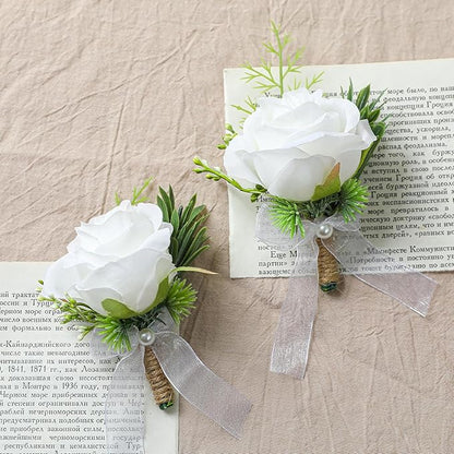 2pcs White Rose Boutonniere for Men Artificial Rose Flower for Wedding Flowers Ceremony Prom Flower (2 Boutonniere)