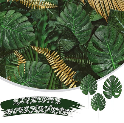 CCINEE 24PCS Green Artificial Palm Leaves, Faux Monstera Leaves Simulation Safari Leaves with Stems for Home Hawaiian Luau Party Jungle Beach Theme Party Decoration