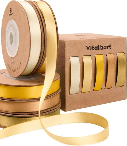 Vitalizart Gold Ribbons for Crafts 3/8" x 50 Yd Yellow Satin Ribbon Champagne Double Face Gift Wrapping Silk Like Fabric Flower Bouquet Birthday Party Decorations Bridal Shower Wreath Hair