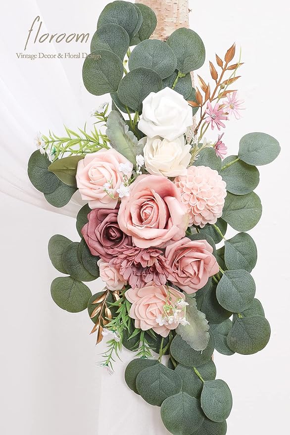 Floroom Arch Flowers with Drapes Kit (Pack of 4) - 2pcs Artificial Dusty Rose & Blush Floral Swag Arrangement with 2pcs Draping Fabric for Wedding Ceremony Arbor and Reception Backdrop Decoration