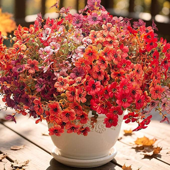 16 Bundles Artificial Fall Flowers, UV Resistant Faux Plants for Outdoor Decor - Fake Greenery for Porch, Patio, Garden, Thanksgiving Christmas Home Decoration (Mixed Colors)