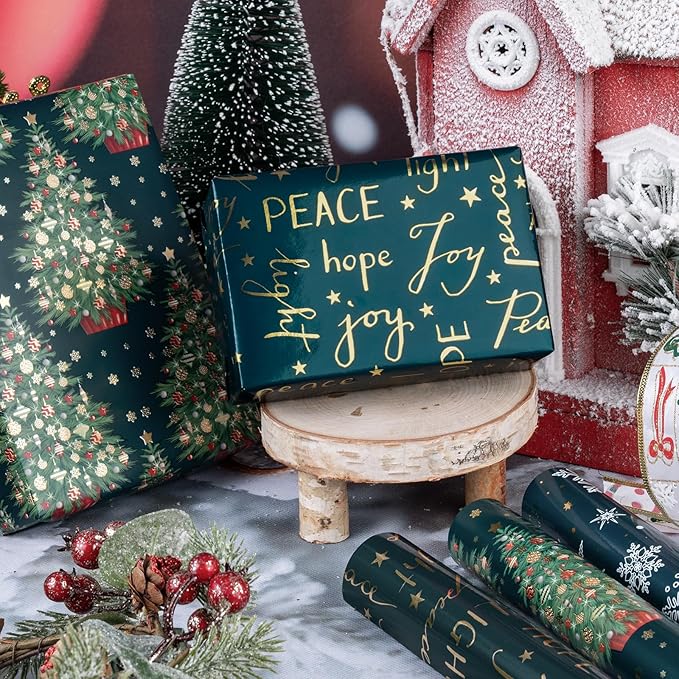 WRAPAHOLIC Christmas Wrapping Paper Roll - Mini Roll - 3 Rolls - 17 Inch x 120 Inch Per Roll - Green Christmas Tree and Snowflake Holiday Design with Metallic Foil Shine