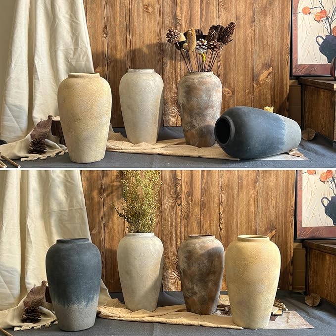 12 Inch Vintage Farmhouse Decor Ceramic Rustic Vase, Handmade Brown Flower Vases for Centerpieces, Living Room & Kitchen Shelf Decorative Pottery Vase for Home Decor