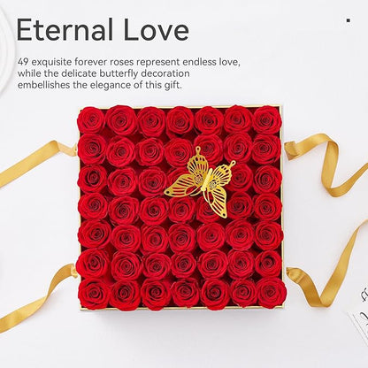 Preserved Roses in a Box 49-Piece Forever Flowers Gifts for Women Wife Mother Day Christmas Anniversary (Red Roses, Square Burgundy Suede Box)