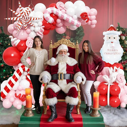 130 Pcs Christmas Balloon Arch Kit, Red Pink White Latex Balloons Garland with Santa Candy Cane Star Foil Mylar Balloon for Xmas Christmas New Year Winter Holiday Baby Shower Birthday Party Decoration