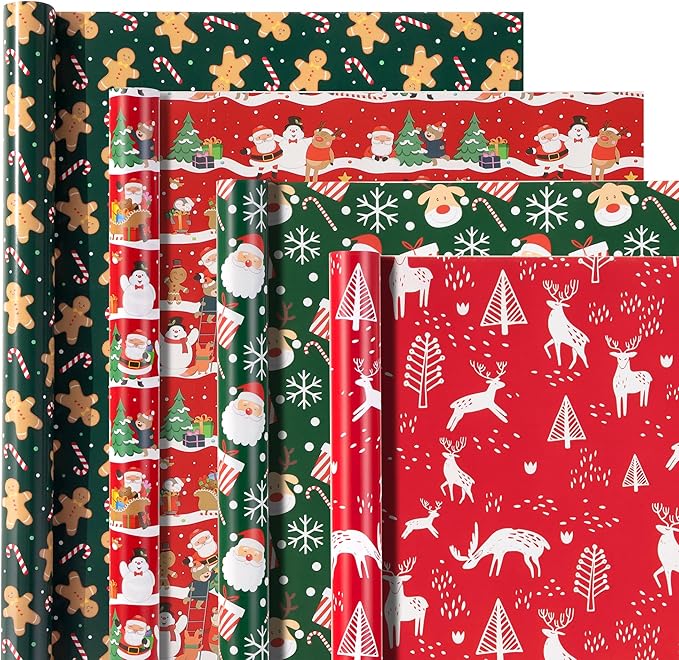 Christmas Wrapping Paper for Gifts (4 Rolls: 93 sq. ft. ttl) Funny Candy Cane Santas, Reindeer, Christmas Tree, Snowflakes - 17 inches x 16.5 feet Per Roll