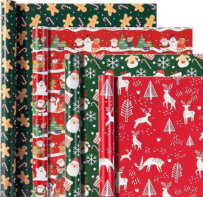 Christmas Wrapping Paper for Gifts (4 Rolls: 93 sq. ft. ttl) Funny Candy Cane Santas, Reindeer, Christmas Tree, Snowflakes - 17 inches x 16.5 feet Per Roll