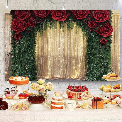15x8ft Wedding Backdrop Red Rose Flowers Gold Sequin Wall Greenery Leaves Photography Background Bridal Wedding Party Banner Decorations Supplies Photo Booth Props