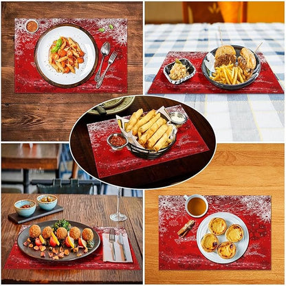 Christmas Elk Placemats Cartoon Red Festive Christmas Snowflake Gift Bell Beautiful Deer Placemats Table Kitchen Dining Party 12x18 Inch Set of 6