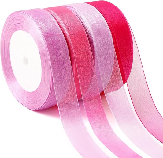 DECYOOL 4 Rolls 200 Yards Organza Ribbon for Gift Wrapping, 4/5 Inches Wide Pink Purple Sheer Chiffon Ribbon Fabric Ribbon for Wedding Birthday Bouquet Wrapping Bows DIY Crafts