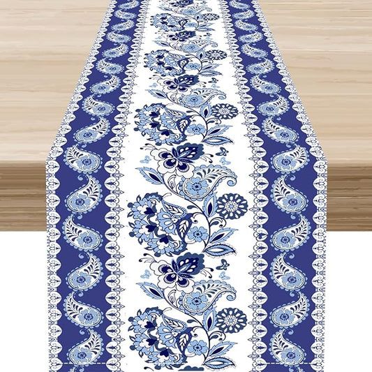Blue Paisley Table Runner, Rustic Blue Bohemian Damask Exotic Flower Cafe Table Center Decor for Home Kitchen Dining Patio Holiday Party Indoor Outdoor Table Decorations 13x72 inch