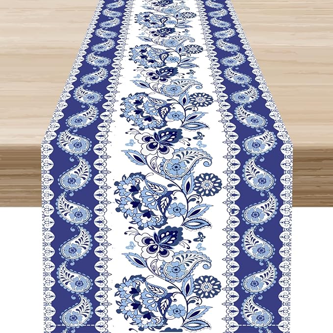 Blue Paisley Table Runner, Rustic Blue Bohemian Damask Exotic Flower Cafe Table Center Decor for Home Kitchen Dining Patio Holiday Party Indoor Outdoor Table Decorations 13x90 inch