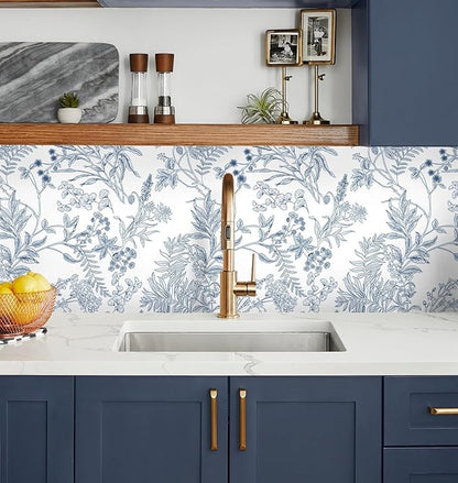 Peel and Stick Wallpaper Blue and White Floral Wall Paper for Bedroom Blue Contact Paper for Cabinets Self-Adhesive Removable Wallpaper for Bathroom Kitchen Wall Decor 118" x 17.3"