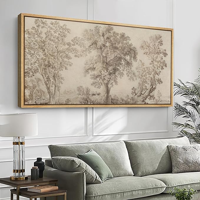SIGNFORD Extra Large Framed Canvas Print Wall Art Vintage Arboreal Trees in an Etching Illustrations Modern Art Relax/Calm Warm for Living Room, Bedroom, Office - 60"x30"