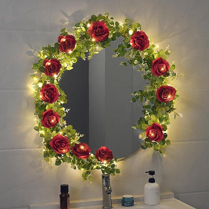 Dolicer 2Pcs 13Ft Artificial Eucalyptus Garlands with Flowers - 8 Roses, Faux Floral Greenery Garlands with 13Ft String Lights Fake Flowers Vines for Wedding Table Centerpieces Arch Party Decor (Red)