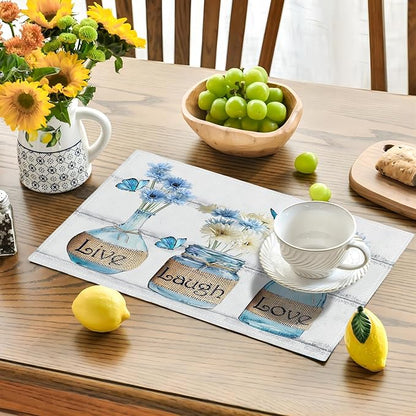 Daisy Flower Placemats Set of 6 Farmhouse Blue White Daisy Floral Table Mats Washable Place mats for Home Party Indoor Kitchen Dining Table Decoration 12x18 Inch