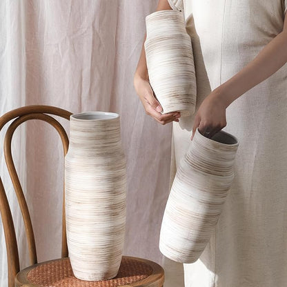 ALMA 14 inch White Floor Vase for Modern Living Room Home Decor, Big Boho Ceramic Vases for Tall Pampas Grass, Decorative Ribbed Flower Vases for Entryway Table, Kitchen Island, Fireplace Decor