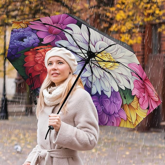 Automatic Folding Umbrella Windproof Strong, UV Protection Compact Floral Hydrangea Hummingbird Sun Rain Sun Rain Travel Umbrellas for Women Men