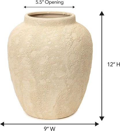 Handcrafted Moon Jar Ceramic Vase - Textured Beige Spherical Pottery - Minimalist Wabi-Sabi Home Decor - Natural Finish Round Vase [11.8" W x 12.6" H]