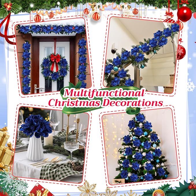 20 Pcs Christmas Glitter Poinsettia Magnolia Flowers Ornaments Large Heads Artificial Magnolia Flowers for Christmas Tree Xmas Wreath Holiday Wedding Decor(Dark Blue)