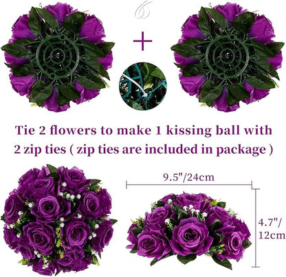 BLOSMON Flower Balls Wedding Rose Centerpieces 10 Pcs Purple Fake Flowers with Base Kissing Balls Decor Artificial Floral Arrangements Flower Bouquet of Roses Home Party Table DIY Decorations