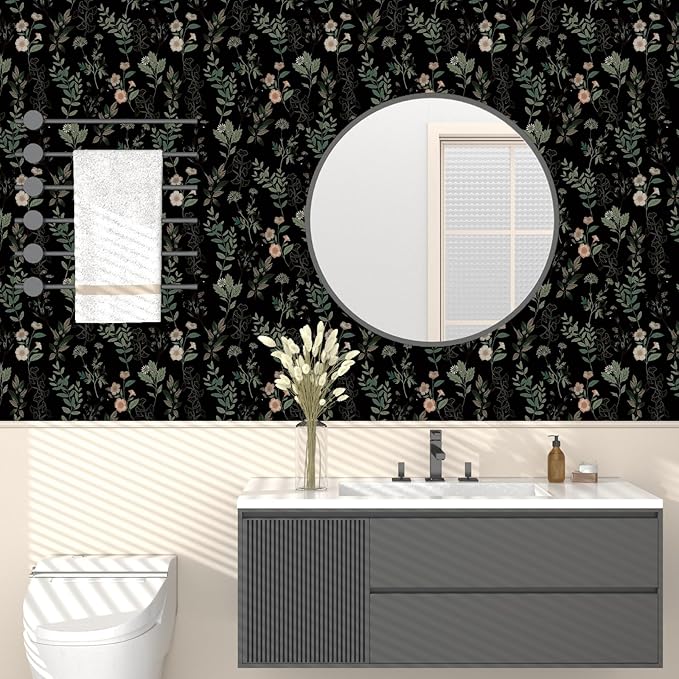 Black Green Leaf Wallpaper Peel and Stick Vintage Taupe Green Floarl Contact Paper 17.4" X 118" Moody Wallpaper Waterproof Self-Adhesive Wall Covering for Bedroom Countertop Desk Cabinets Decor