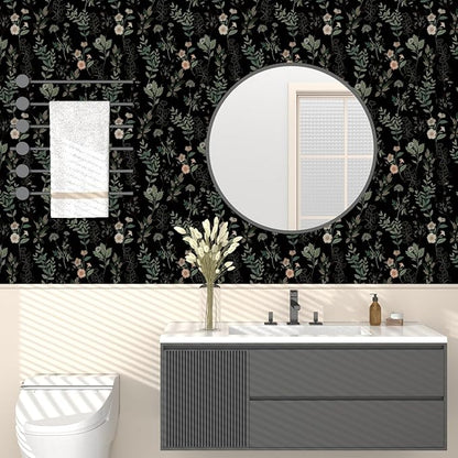 Black Green Leaf Wallpaper Peel and Stick Vintage Taupe Green Floarl Contact Paper 17.4" X 118" Moody Wallpaper Waterproof Self-Adhesive Wall Covering for Bedroom Countertop Desk Cabinets Decor