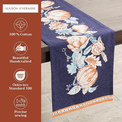Maison d' Hermine Table Runner 100% Cotton Single Layer Table Runners 72 inches Long for Thanksgiving Christmas Decorations Home Kitchen Dining Party Wedding (Pumpkin Blues, 14.5" x 72")