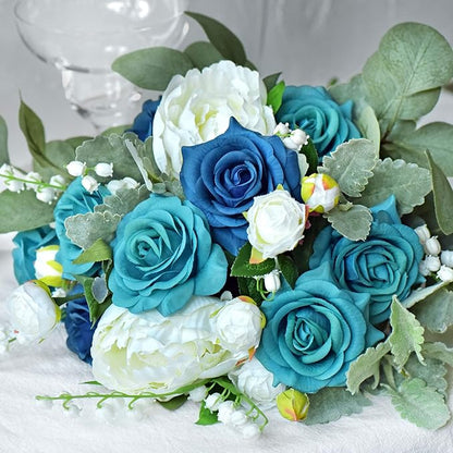 FiveSeasonStuff Silk Roses Artificial Flowers for Decoration, Home Decor Centerpiece for Tables, Wedding Bridal Bouquet of Flowers Real Touch Roses 12 Stems (Teal)