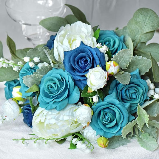 FiveSeasonStuff Silk Roses Artificial Flowers for Decoration, Home Decor Centerpiece for Tables, Wedding Bridal Bouquet of Flowers Real Touch Roses 12 Stems (Teal)