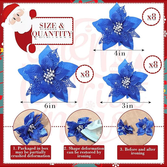 Boao 24 Pieces Christmas Artificial Glitter Poinsettia Flowers Xmas Flowers Wedding Christmas Tree New Year Ornaments(Royal Blue)