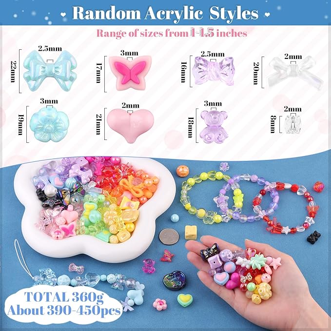 Assorted Acrylic Beads, 390-450PCS 9 Mixed Colors Cute Beads for Bracelet Making, GummyBear Bow Flower Kawaii Charms for Jewelry Making DIY Necklace Keychain Phone Charm Christmas Gift