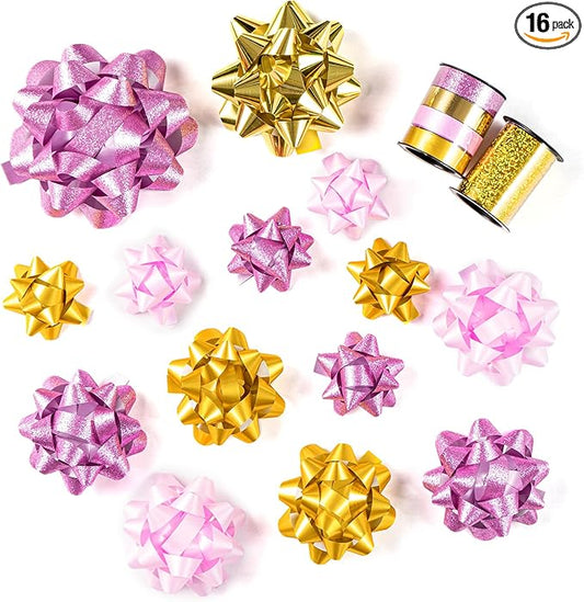 WRAPAHOLIC 16 Pcs Gift Bows Assortment - 14 Multi Colored Assorted Size Gift Bows(Pink, Gold), 2 Crimped Curling Ribbons, Perfect for Holiday, Party