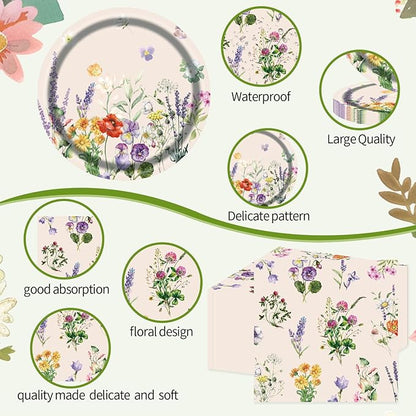 75pcs Floral Disposable Tableware Set, Spring Floral Paper Party Plates Napkins Forks Watercolor Flower Dinnerware Favors for Baby Shower Girls Women Birthday Tea Picnic Serve 25 Guests