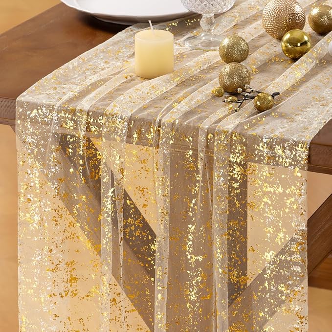 Socomi Gold Table Runner Christmas Gauze Sheer Chiffon Cheesecloth Sequin 10FT Glitter Metallic Foil Dining Wedding Birthday Party Fall Winter Anniversary Holiday Centerpiece Table Decor Beige