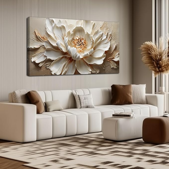 Flower Painting Wall Decor White Canvas Wall Art for Office Women,Teen Room Decor for Girls,Dining Room Art Wall Decor 24 x 48 Inch
