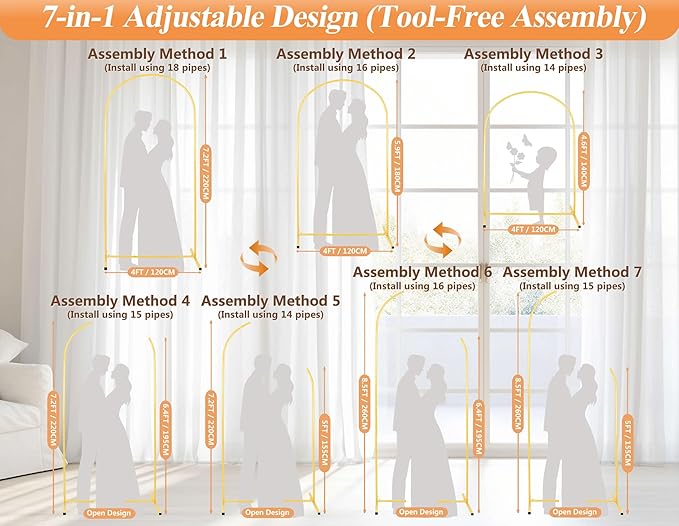 7.2FT Adjustable Balloon Party Arch Backdrop Stand and Double Sided Color Cover and 18LBS Water Weight Bag and Portable Storage Bag Set, Gold Metal Birthday Arch Backdrop Stand for Any Event Decor