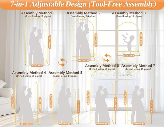 7.2FT Adjustable Balloon Party Arch Backdrop Stand and Double Sided Color Cover and 18LBS Water Weight Bag and Portable Storage Bag Set, Gold Metal Birthday Arch Backdrop Stand for Any Event Decor