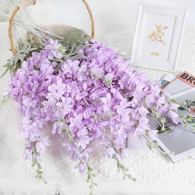 8PCS Purple Delphinium Artificial Flowers 33.5in Long Stem Larkspur Fake Silk Flowers for Tall Vase Faux Flowers for Home Wedding Baby Shower Floral Arrangement Centerpiece Table Decor (Purple)
