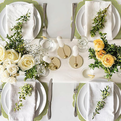 Set of 8 Cotton Linen Placemats, 15x15 Scalloped Flower Embroidery Cloth Table Mats Double Layered Fabric Machine Washable Wrinkle Free Dining Placemat for Hotel Restaurant Kitchen Decor, Green
