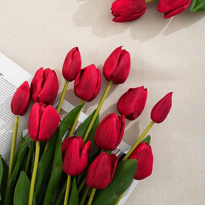 Real Touch Artificial Tulips, 20pcs Fake Tulip Flowers Stem, PU Faux Tulips 19.7” for Mother's Day, Home Decor, Wedding, Easter Valentine's Gift, Table Centerpiece, Floral Arrangements, Red
