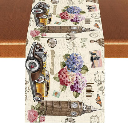 British Table Runner, Seasonal Vintage Floral England London Culture Element Coffee Table Center Decor for Home Kitchen Dining Patio Holiday Party Table Decorations 13x36 inches