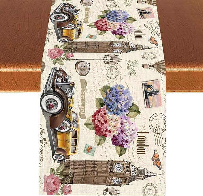British Table Runner, Seasonal Vintage Floral England London Culture Element Coffee Table Center Decor for Home Kitchen Dining Patio Holiday Party Table Decorations 13x108 inches