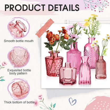 Yaomiao 30 Pcs Vases Bulk Colored Flower Glass Christmas Vases Bud Vintage Colored Glass Bottles Colorful Rustic Embossed for Home Wedding Table Decorations Gifts(Pink Series)