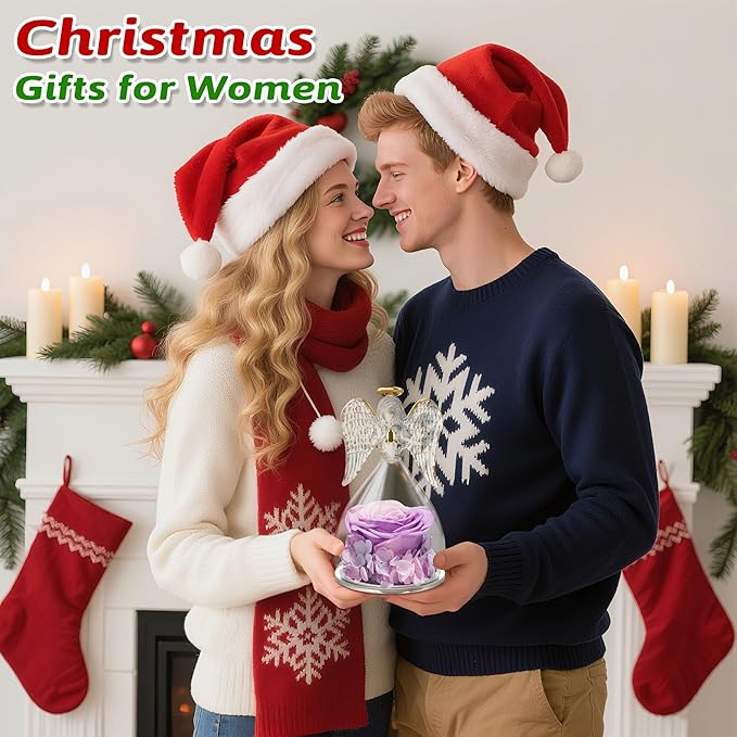 Yamonic for Mom, Moms Birthday Gifts for Women Grandma, Angel Figurines with Preserved Real Flowers Rose for Mothers Day, Wife Anniversary, Valentine's Day Gifts for Her(Pink+Purple)