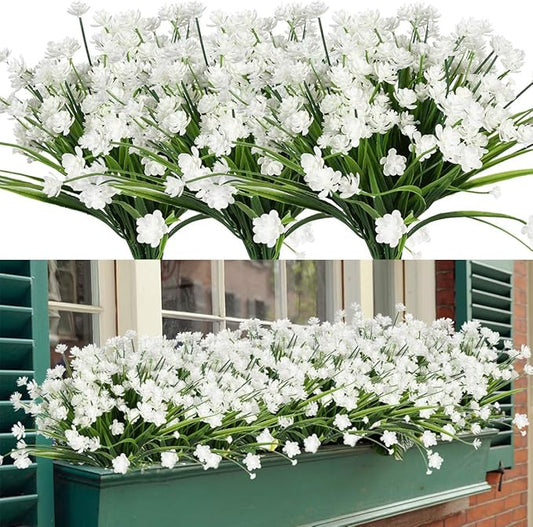 8 Bundles Artificial Flowers, Fake Artificial Greenery UV Resistant No Fade Faux Plastic Plants for Wedding Bridle Bouquet Indoor Outdoor Home Garden Kitchen Office Table Vase (White)