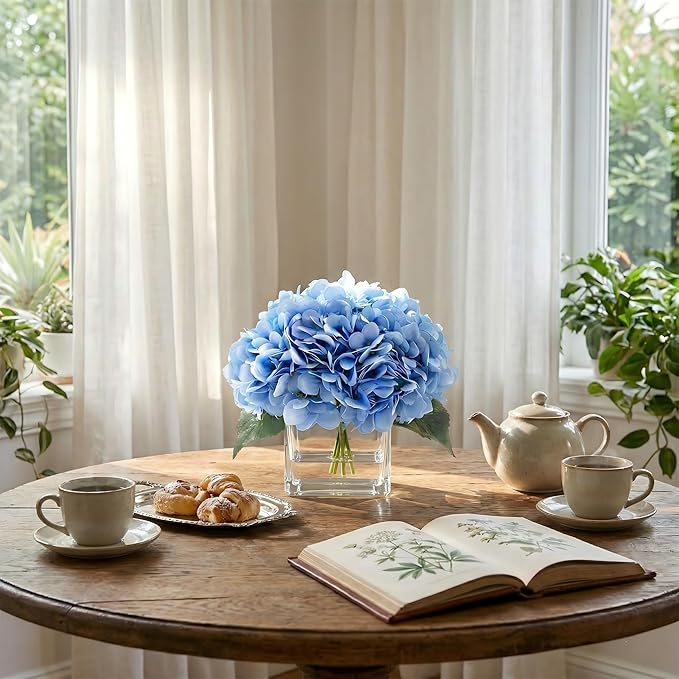 Silk Blue Artificial Hydrangea in Vase with Faux Water, Silk Flower Arrangements in Vase for Home Decor, Wedding Table (Blue)