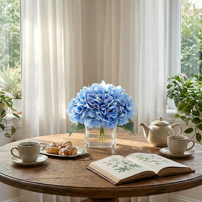 Silk Blue Artificial Hydrangea in Vase with Faux Water, Silk Flower Arrangements in Vase for Home Decor, Wedding Table (Blue)