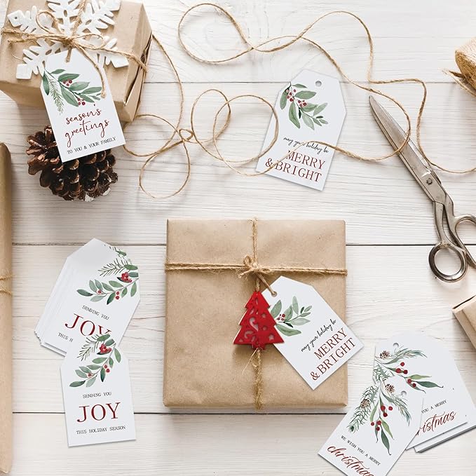 100 Pcs Merry Christmas Gift Tags Happy Holidays Paper Tag Watercolor Holly Xmas Hanging Label Tags with Hemp Rope for Xmas Season Gift Wrapping DIY Crafts, 4 Designs